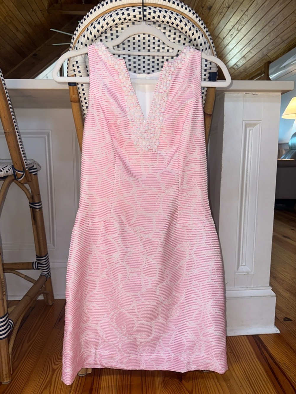 Lilly Pulitzer Pink Sleeveless Embellished V-Neck Shift Dress with white beads